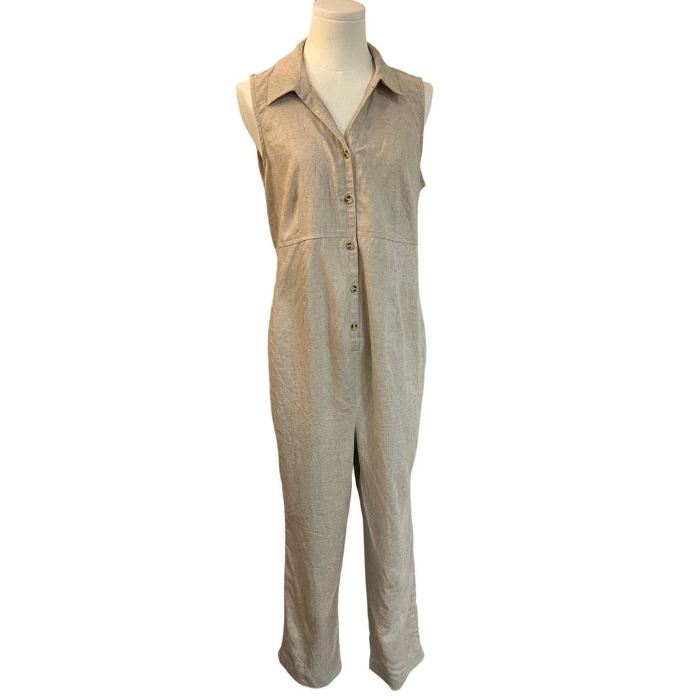 Motherhood Maternity Sleeveless Button-Front Beige Jumpsuit